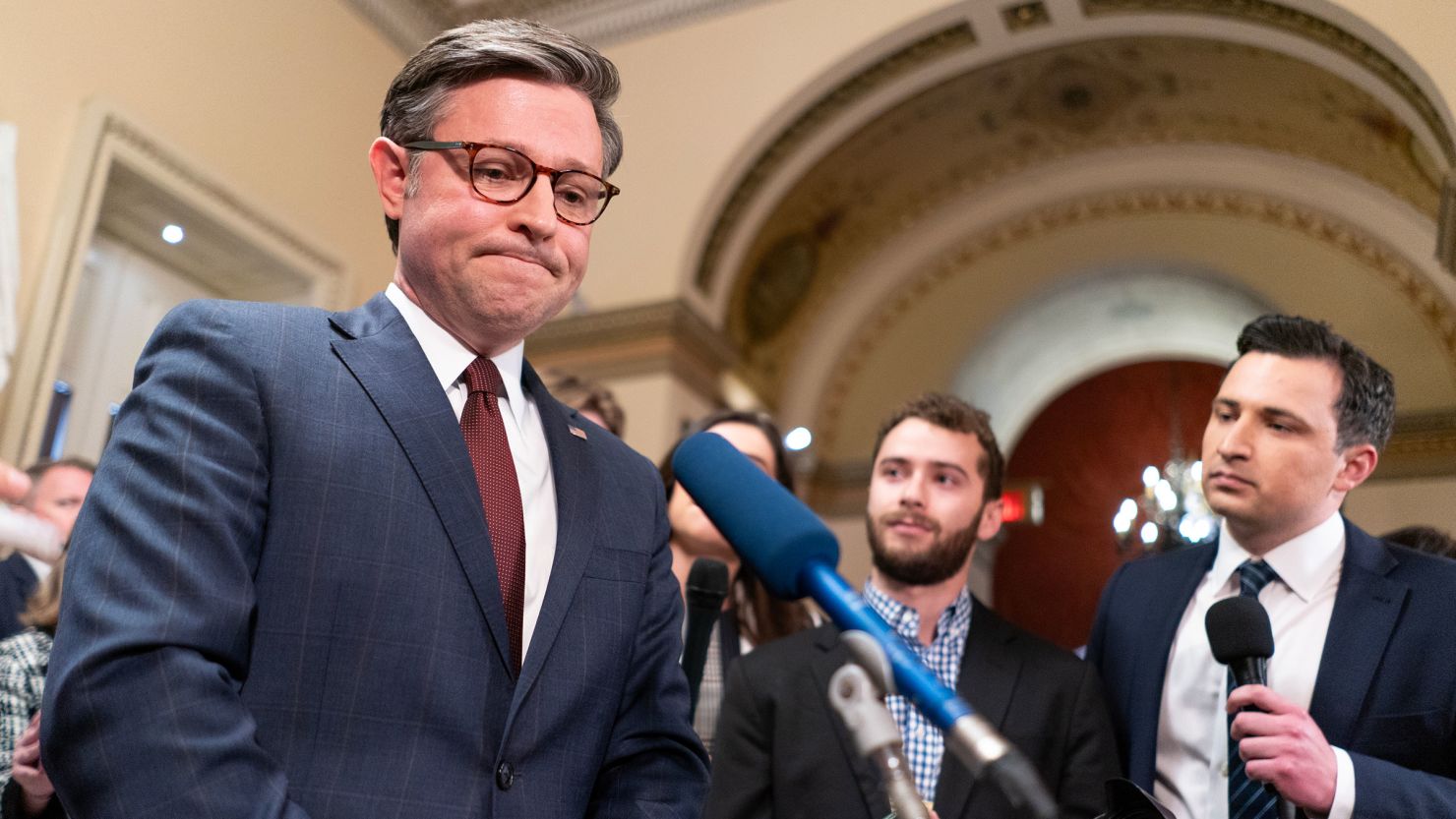 Speaker of the House Mike Johnson speaks with members of the media following passage of a series of foreign aid bills at the US Capitol in Washington, DC on April 20, 2024. The House passed a $95 billion foreign aid package today for Ukraine, Israel and Taiwan.