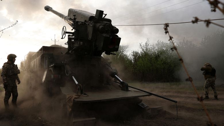 Gunners from 43rd Separate Mechanized Brigade of the Armed Forces of Ukraine fire at Russian position with a 155 mm self-propelled howitzer 2C22 "Bohdana", in the Kharkiv region, on April 21, 2024, amid the Russian invasion in Ukraine.