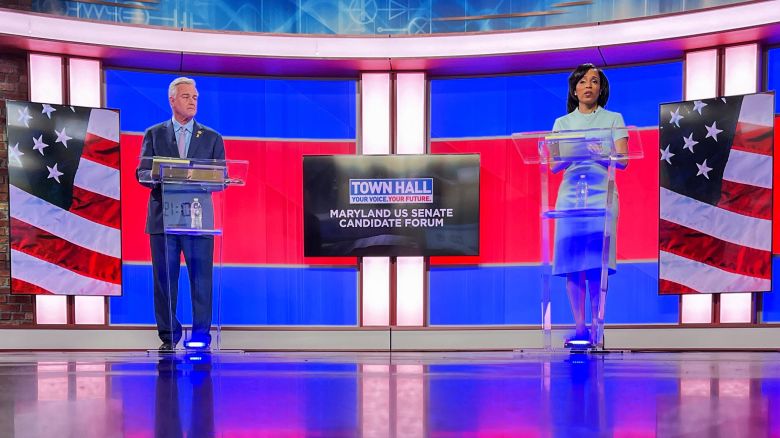 U.S. Rep. David Trone and Prince George's County Executive Angela Alsobrooks participate in a U.S. Senate Democratic primary forum Friday, April 19, 2024, in partnership with FOX45 and the University of Baltimore's Schaefer Center for Public Policy.