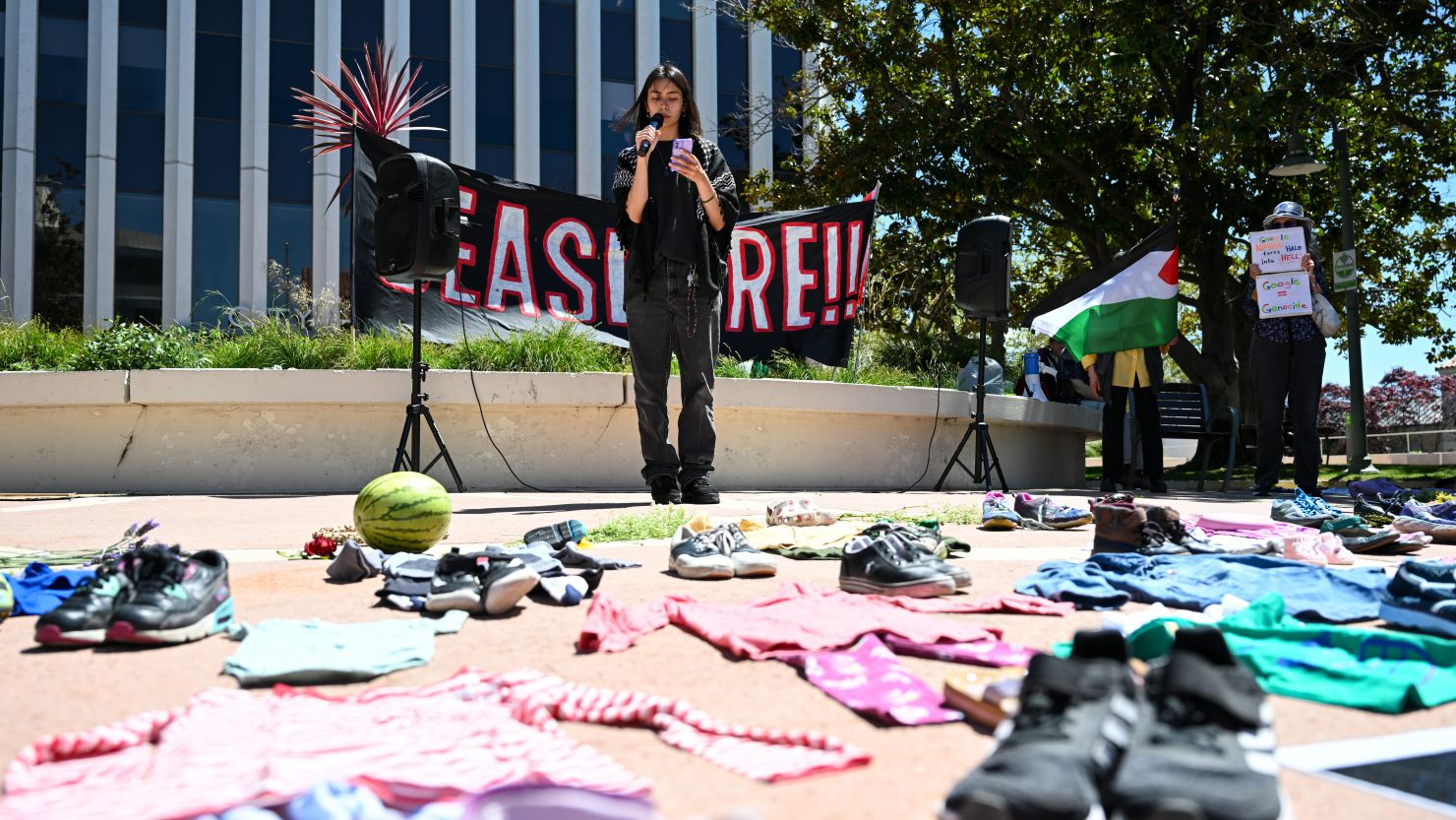 Former Google employee Ray Westrick, who was arrested outside of Google's office in Sunnyvale during a protest and fired by Google, speaks at a gathering of Pro-Palestinian protesters outside of City Hall in Palo Alto, California on April 21, 2024.