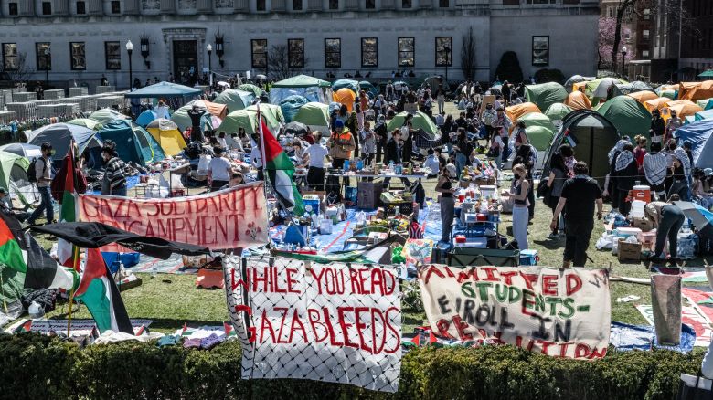 Pro-Palestinian demonstrators at an encampment at Columbia University in the Morningside Heights neighborhood of New York, US, on Monday, April 22, 2024.