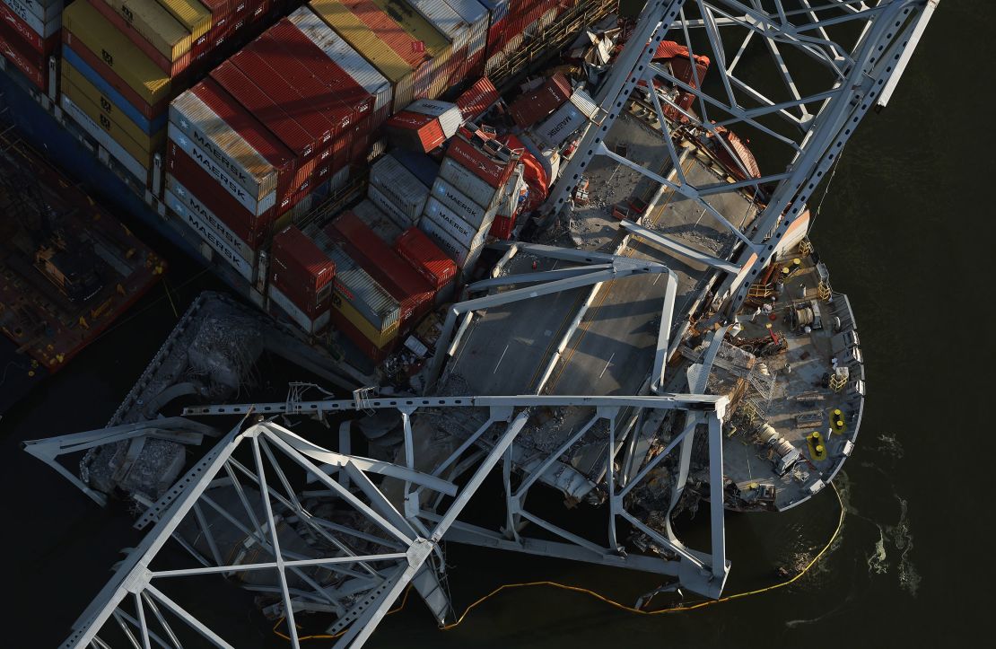 An aerial view as salvage crews continue to remove wreckage n Baltimore, Maryland on April 9, 2024.