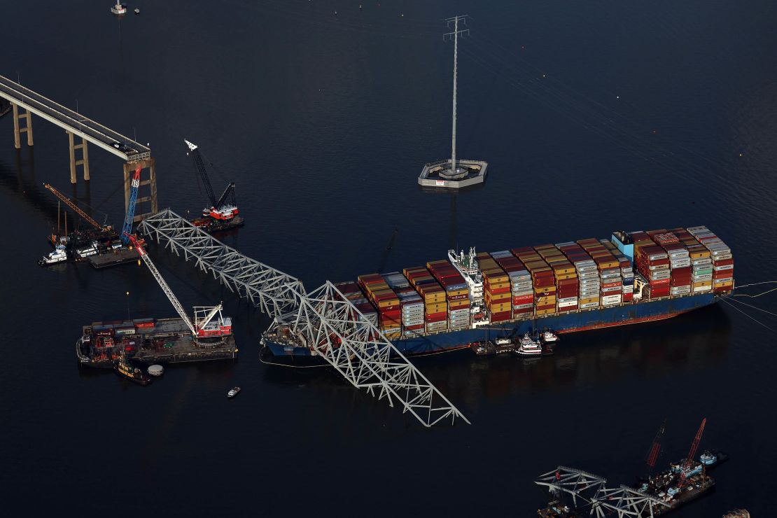 Salvage crews remove wreckage from the cargo ship Dali last Tuesday.