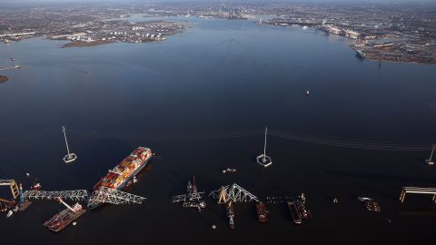 Salvage crews continue to remove wreckage from the cargo ship Dali after it stuck and collapsed the Francis Scott Key Bridge, April 9, 2024 in Baltimore, Maryland.
