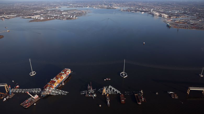 Salvage crews continue to remove wreckage from the cargo ship Dali after it stuck and collapsed the Francis Scott Key Bridge, April 9, 2024 in Baltimore, Maryland.