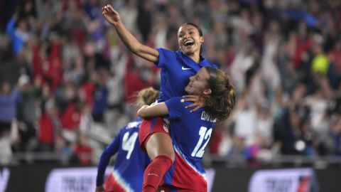 COLUMBUS, OHIO - APRIL 09: Sophia Smith #11 of the United States celebrates a goal with Tierna Davidson #12 of the United States in the second half against Canada during the 2024 SheBelieves Cup at Lower.com Field on April 09, 2024 in Columbus, Ohio. (Photo by Jason Mowry/Getty Images)