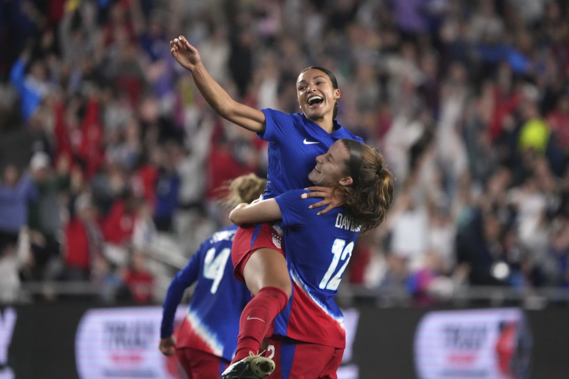 Sophia Smith #11 of the United States celebrates a goal with Tierna Davidson #12 of the United States in the second half against Canada during the 2024 SheBelieves Cup at Lower.com Field on April 9.