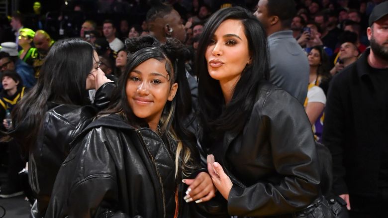 (From left) North West and Kim Kardashian (R) and North West at Crypto.com Arena in Los Angeles in April.