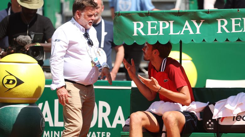 Daniil Medvedev argues with match referee Cedric Mourier after he threw his racket to the back of the court and received a point deduction in his match against Karen Khachanov at the Monte-Carlo Masters.