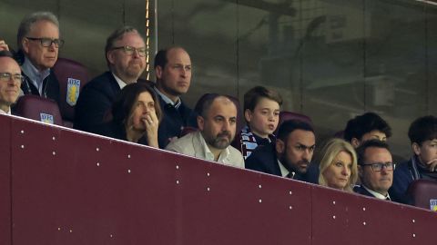 Princes William and George watch their side in the Villa Park stands on April 11 in Birmingham, England.