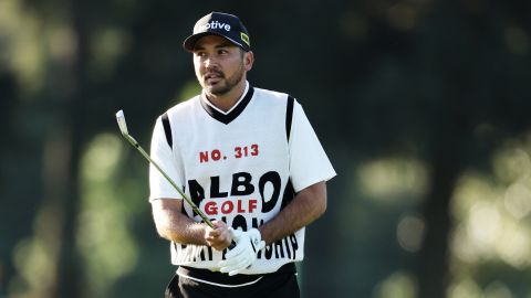 Jason Day of Australia prepares for a shot on the 15th hole during the continuation of the first round of the 2024 Masters Tournament at Augusta National Golf Club on April 12, 2024 in Augusta, Georgia.