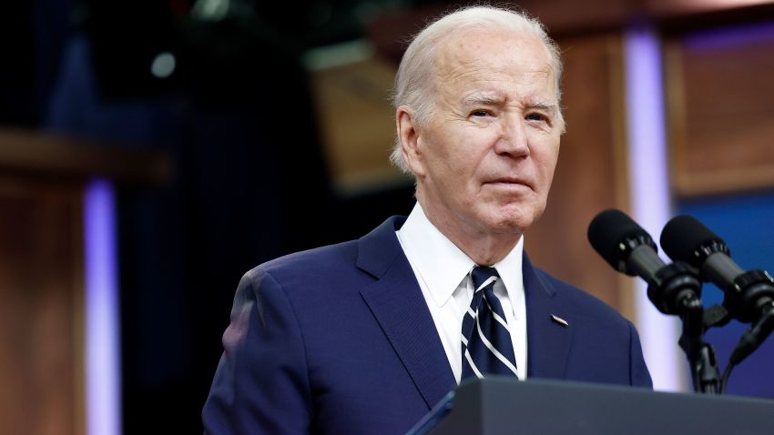 President Joe Biden gives remarks virtually to the National Action Network Convention from the South Court Auditorium in the Eisenhower Executive Office Building on the White House campus on April 12, 2024, in Washington, DC.