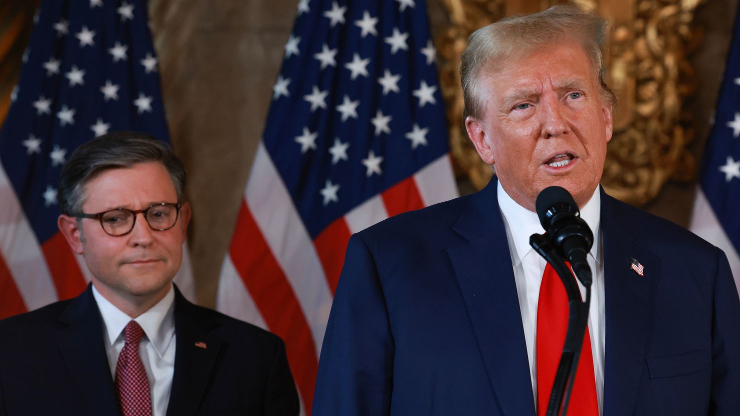 President Donald Trump and House Speaker Mike Johnson at Mar-a-Lago, in Palm Beach, Florida, April 12, 2024.