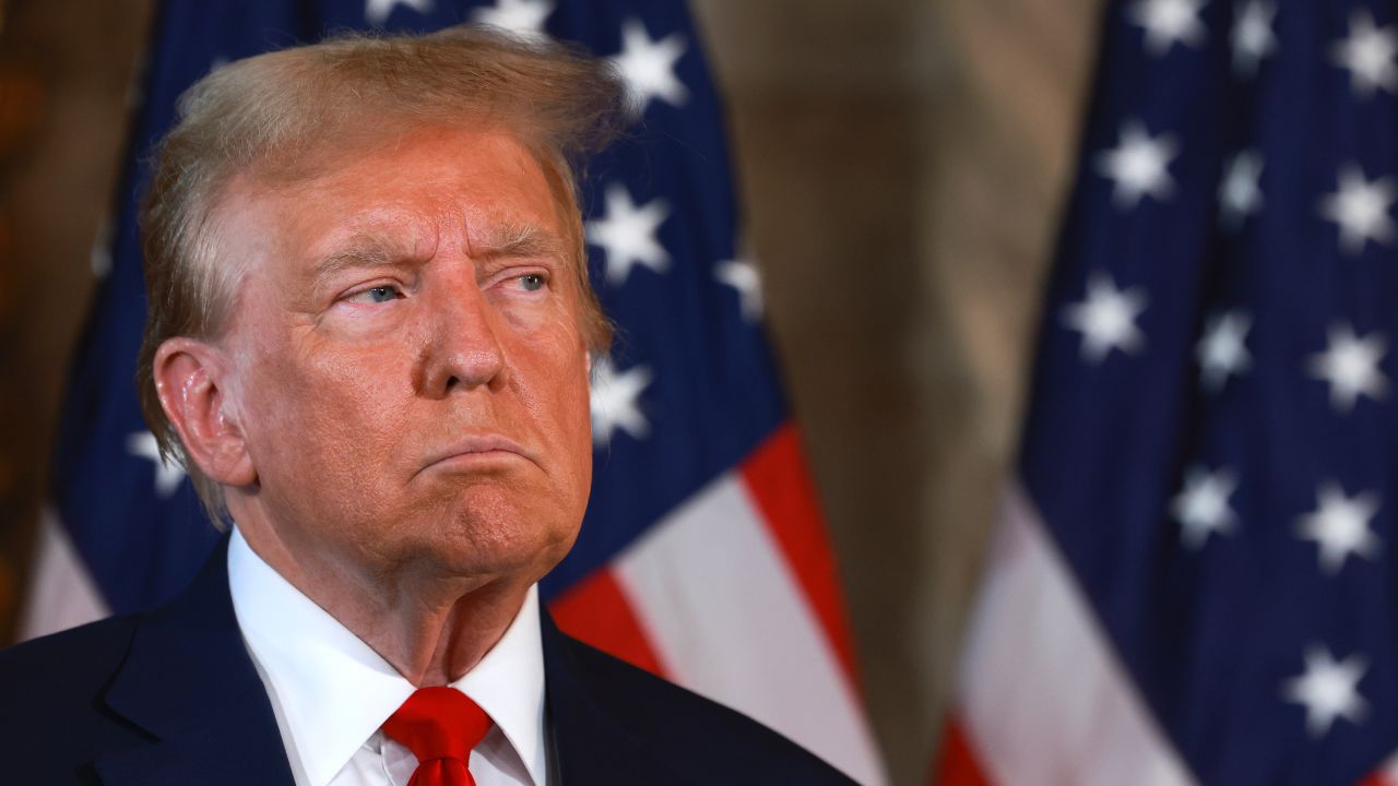 Republican presidential candidate former President Donald Trump during a joint press conference with Speaker of the House Mike Johnson (R-LA) at Mr. Trump's Mar-a-Lago estate on April 12, 2024, in Palm Beach, Florida. They spoke about "election integrity," which has been one of the former president's top issues.