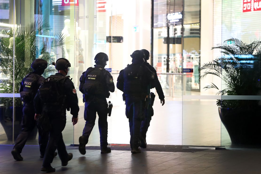 Police are seen entering Westfield Bondi Junction on April 13, 2024 in Bondi Junction, Australia.