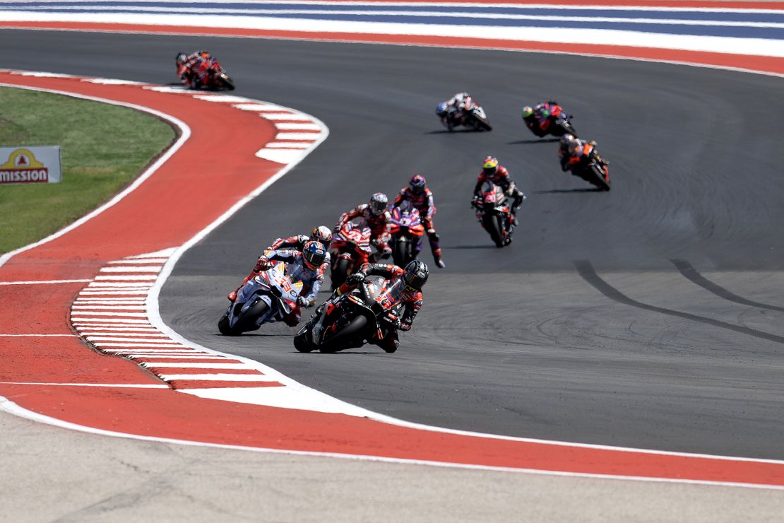 Maverick Viñales leads the field during the MotoGP Of The Americas - Sprint on April 13, 2024 at Circuit of the Americas in Austin, Texas.