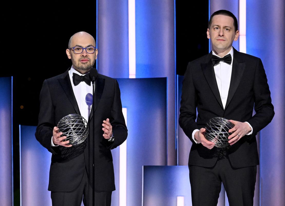 Demis Hassabis (left) and John Jumper accept awards during the 10th Breakthrough Prize ceremony in Los Angeles in April.