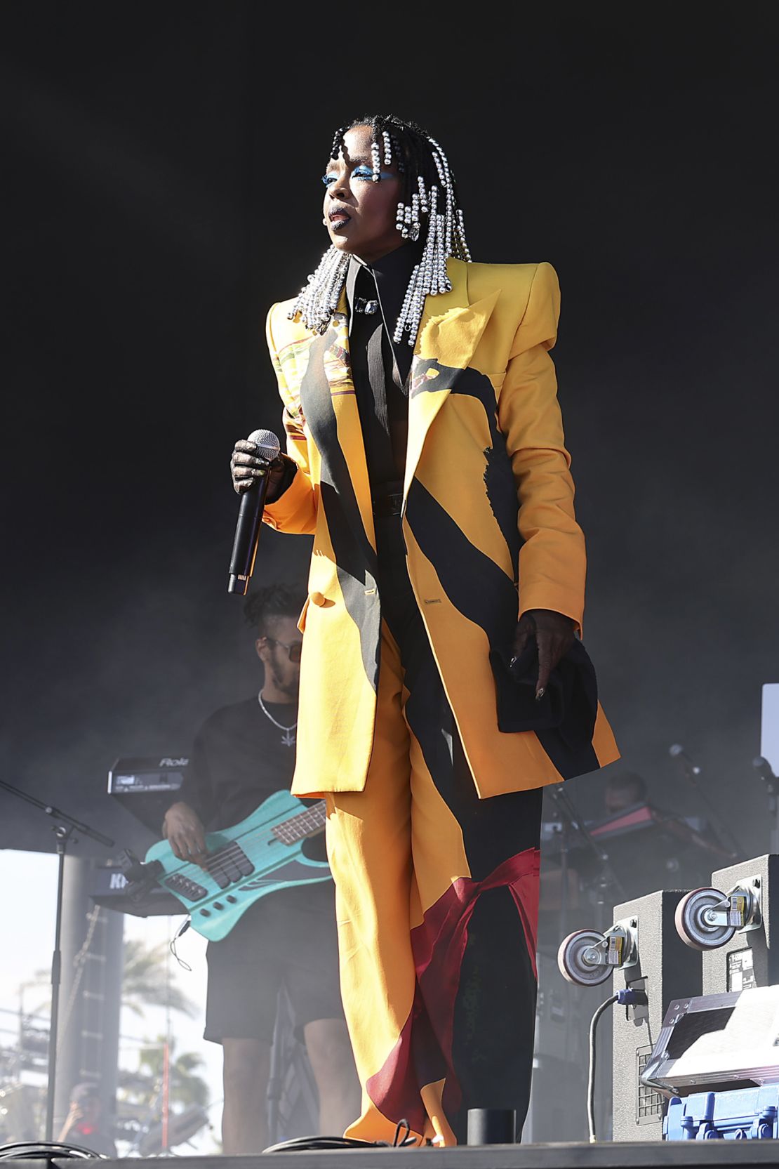 During the festival's first weekend, Lauryn Hill sang in a Balmain suit from the brand's menswear Spring-Summer 2024 collection.