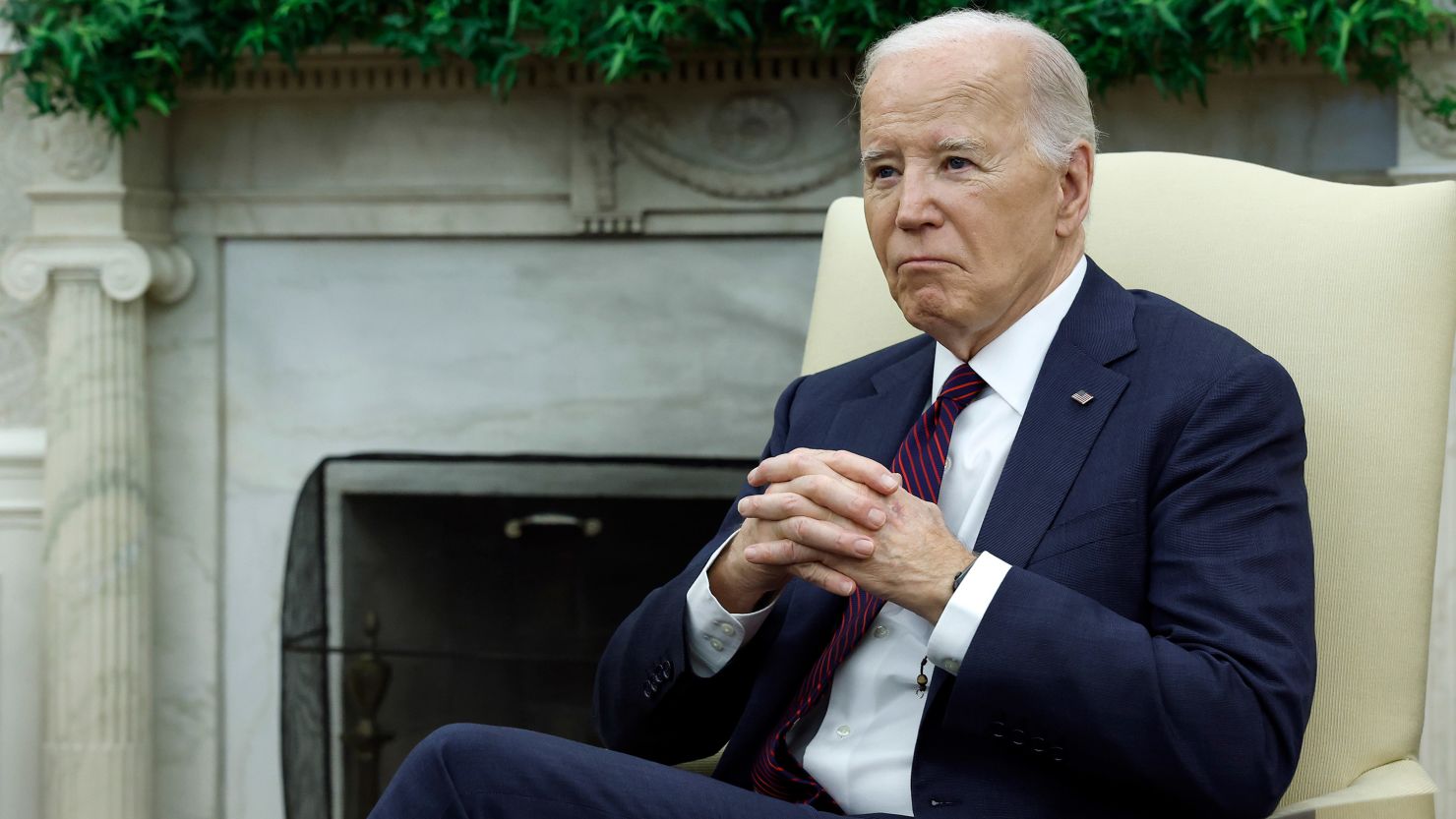 U.S. President Joe Biden listens as Iraqi Prime Minister Mohammed Shia al-Sudani speaks in the Oval Office of the White House on April 15, 2024 in Washington, DC.