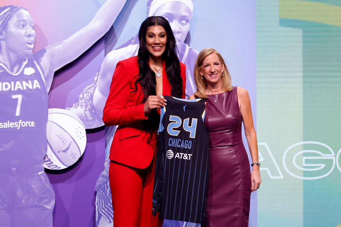 Kamilla Cardoso poses with WNBA commissioner Cathy Engelbert after being selected as the third overall pick by the Chicago Sky.