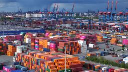 HAMBURG, GERMANY - APRIL 17: Shipping containers lie stacked at Hamburg Port on April 17, 2024 in Hamburg, Germany. The International Monetary Fund (IMF) has reduced its prognosis for Germany's economic growth this year to 0.2%, the lowest of any G7 nation. Hamburg Port is Germany's biggest port and is a hub for exports and imports.  (Photo by Sean Gallup/Getty Images)