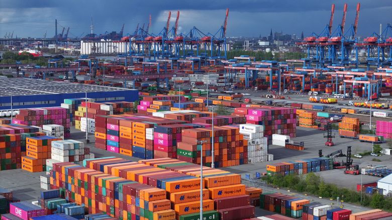 HAMBURG, GERMANY - APRIL 17: Shipping containers lie stacked at Hamburg Port on April 17, 2024 in Hamburg, Germany. The International Monetary Fund (IMF) has reduced its prognosis for Germany's economic growth this year to 0.2%, the lowest of any G7 nation. Hamburg Port is Germany's biggest port and is a hub for exports and imports.  (Photo by Sean Gallup/Getty Images)
