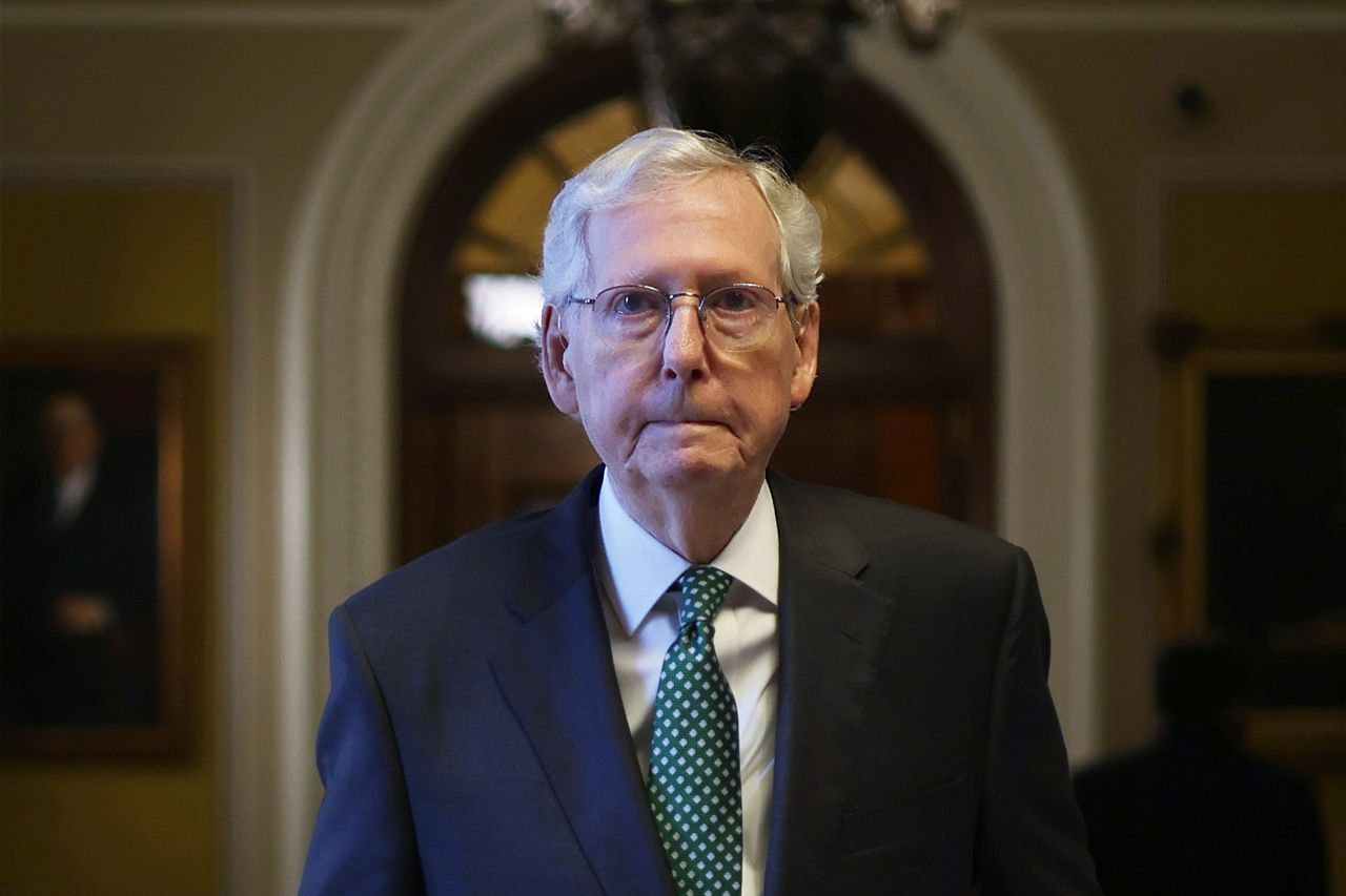 Sen. Mitch McConnell passes through a hallway at the US Capitol on April 17, 2024 in Washington, DC.