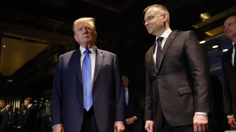 NEW YORK, NEW YORK - APRIL 17: Republican presidential nominee, former President Donald Trump stands with Polish President Andrzej Duda at Trump Tower on April 17, 2024 in New York City. Trump met with President Duda, a strong supporter of Ukraine, as European and NATO leaders prepare for the possibility that Trump wins the November presidential election and returns to the White House. The meeting comes on an off day in Trump's criminal trial.  (Photo by Michael M. Santiago/Getty Images)