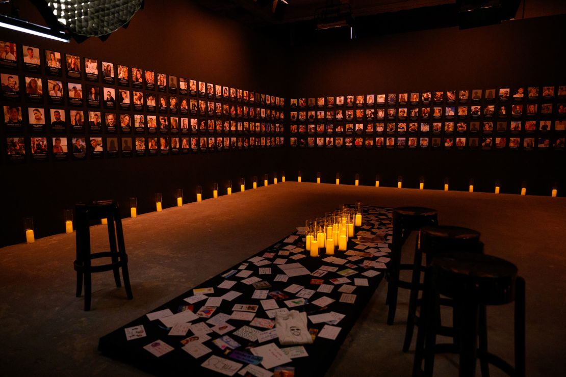 The names and faces of those killed at the Nova festival are displayed at an exhibition at New York, in April 2024.