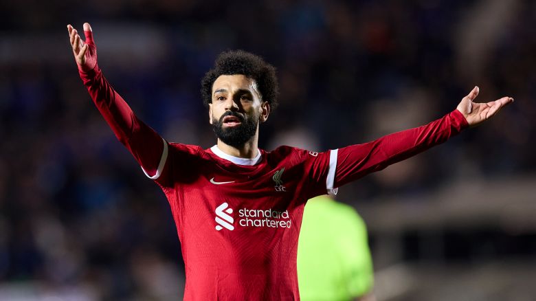 BERGAMO, ITALY - APRIL 18: Mohamed Salah of Liverpool FC gestures during the UEFA Europa League 2023/24 Quarter-Final second leg match between Atalanta and Liverpool FC at Gewiss Stadium on April 18, 2024 in Bergamo, Italy. (Photo by Francesco Scaccianoce - UEFA/UEFA via Getty Images)