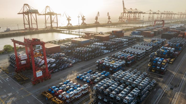 Aerial view of new energy vehicles waiting to be shipped aboard at Taicang Port on April 19, 2024, in Suzhou, Jiangsu, Province of China.