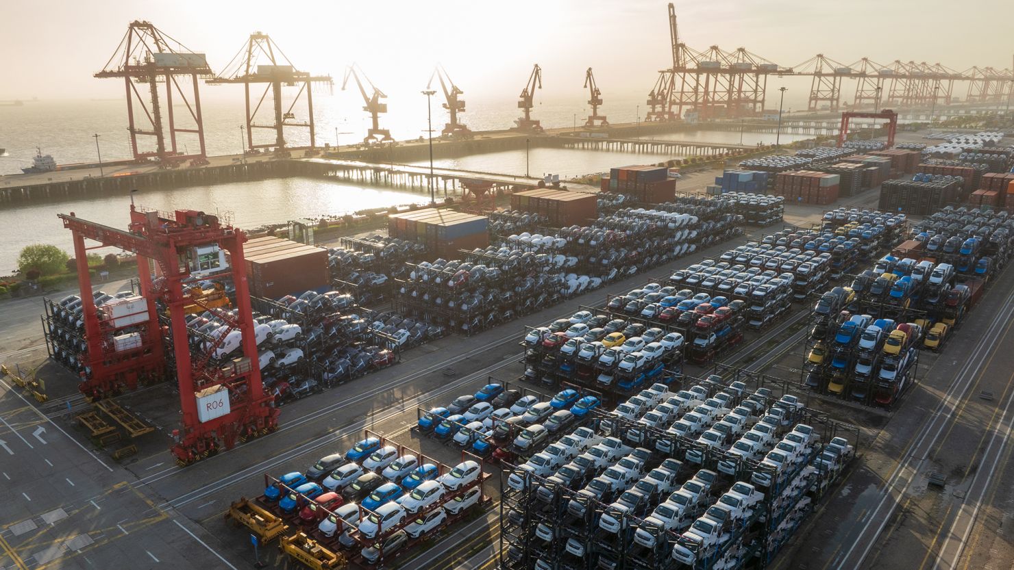 Aerial view of vehicles waiting to be shipped at Taicang Port on April 19, 2024, in Suzhou, Jiangsu, Province of China.