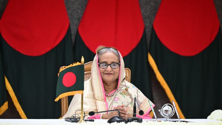 Bangladesh's Prime Minister Sheikh Hasina attends the bilateral agreement signing ceremony in Dhaka on April 23, 2024.