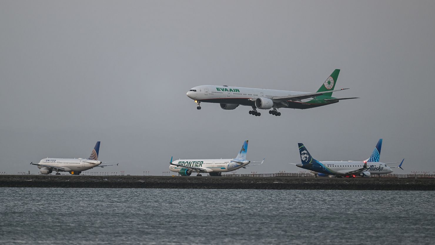 An EVA Air plane lands at San Francisco International Airport (SFO) on April 22, 2024.