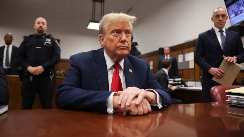 Former President Donald Trump appears in court for his hush money trial in New York City on April 23, 2024.