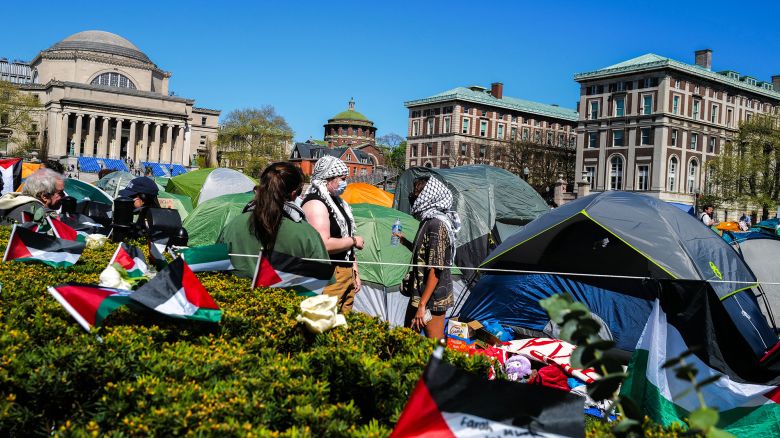 Pro-Palestian protesters gather on the campus of Columbia University in New York City on April 23, 2024. Tensions flared between pro-Palestinian student protesters and school administrators at several US universities on April 22, as in-person classes were cancelled and demonstrators arrested.