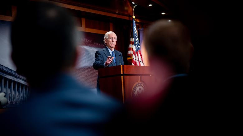 WASHINGTON, DC - APRIL 23: Senate Minority Leader Mitch McConnell (R-KY) speaks at a news conference on Capitol Hill on April 23, 2024 in Washington, DC. The Senate takes up a $95 billion foreign aid package today for Ukraine, Israel and Taiwan. (Photo by Andrew Harnik/Getty Images)