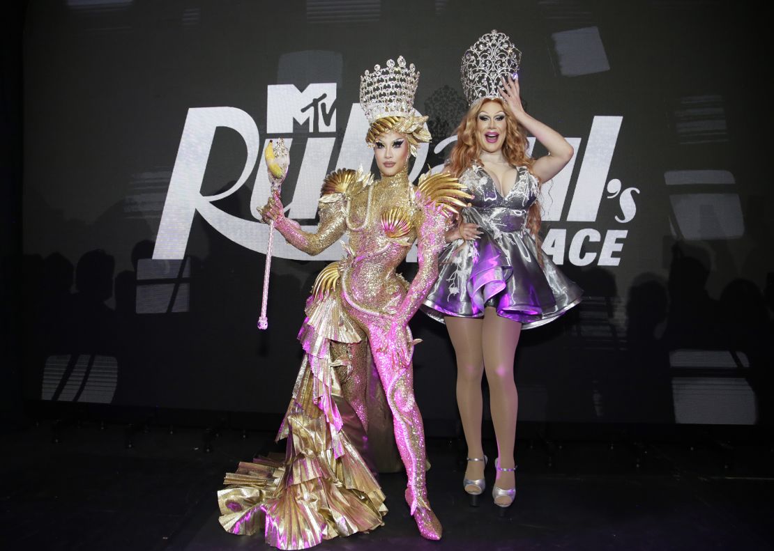 Nymphia Wind and Jimbo onstage at the "RuPaul's Drag Race" season 16 finale screening event on April 19, 2024 in New York City.