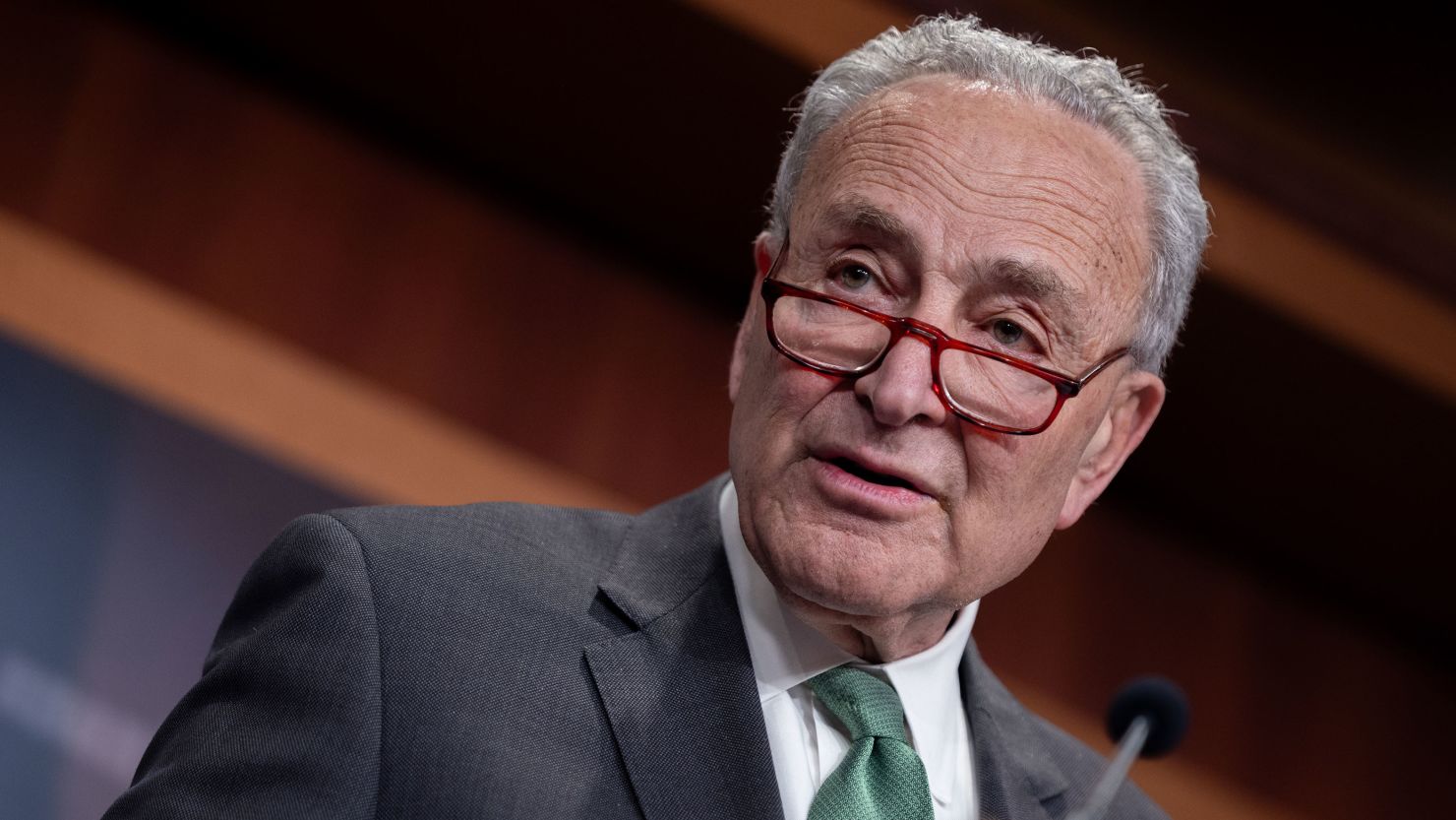 Senate Majority Leader Chuck Schumer speaks to reporters in Washington, DC, on April 23, 2024.