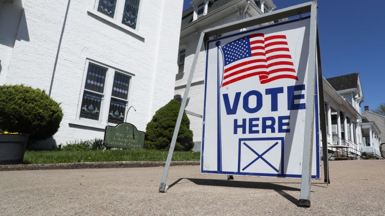 A "Vote here" sign is outside a polling station in Danville, Pennsylvania, on April 23, 2024.
