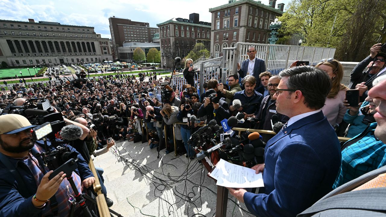 US Speaker of the House Mike Johnson speaks to the media after meeting with Jewish students, as Pro-Palestinian students and activists continue to protest the Israel-Hamas war on the campus of Columbia University in New York City on April 24, 2024. Tensions flared between pro-Palestinian student protesters and school administrators at several US universities on April 22, as in-person classes were cancelled and demonstrators arrested.
