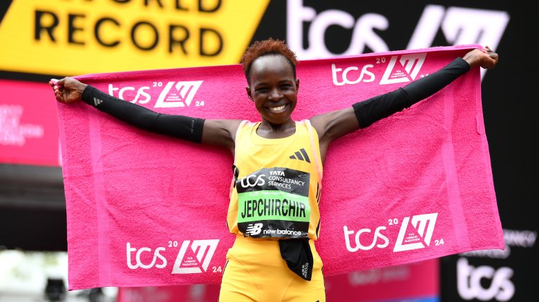 Peres Jepchirchir of Kenya celebrates after winning the Women's elite race and setting a new world record during the 2024 TCS London Marathon on April 21, 2024 in London, England.