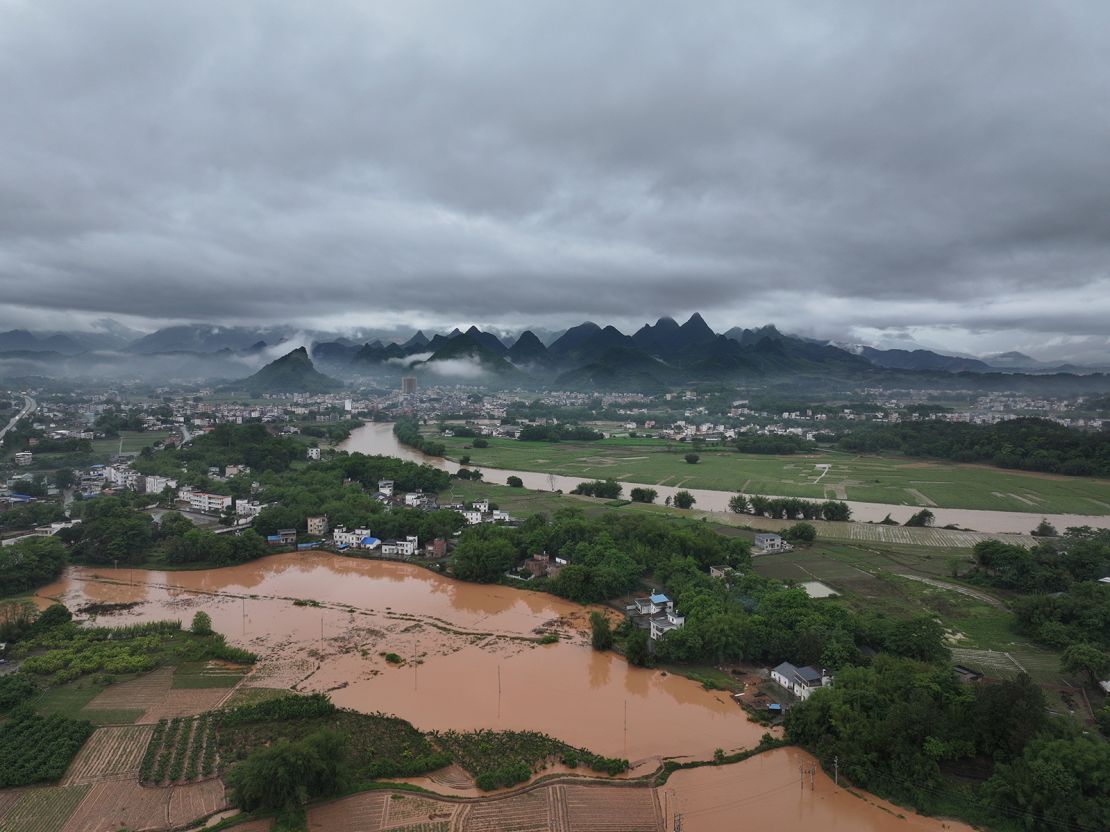 Aerial view of waterlogged fields after torrential rains on April 20, 2024 in Qingyuan, Guangdong Province of China.
