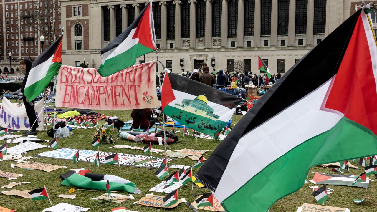 NEW YORK, NEW YORK - APRIL 21: For the fifth day, pro-Palestinian students occupy a central lawn on the Columbia University campus, on April 21, 2024 in New York City. Earlier in the week over 100 students were arrested by the police and suspended by the university for demonstrating against the war in Gaza and demanding the University divest from Israel. (Photo by Andrew Lichtenstein/Corbis via Getty Images)