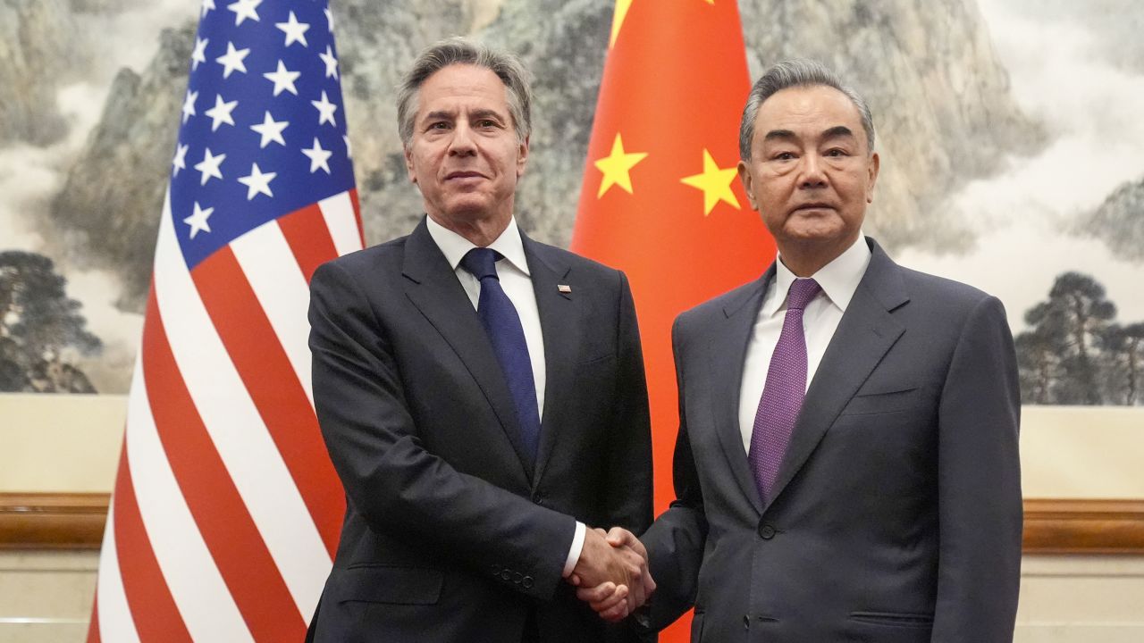 US Secretary of State Antony Blinken (L) shakes hands with China's Foreign Minister Wang Yi (R) during a meeting at the Diaoyutai State Guesthouse in Beijing on April 26, 2024. (Photo by Mark Schiefelbein / POOL / AFP) (Photo by MARK SCHIEFELBEIN/POOL/AFP via Getty Images)