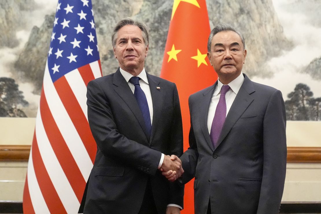 US Secretary of State Antony Blinken (L) shakes hands with China's Foreign Minister Wang Yi (R) during a meeting at the Diaoyutai State Guesthouse in Beijing on April 26, 2024. (Photo by Mark Schiefelbein / POOL / AFP) (Photo by MARK SCHIEFELBEIN/POOL/AFP via Getty Images)