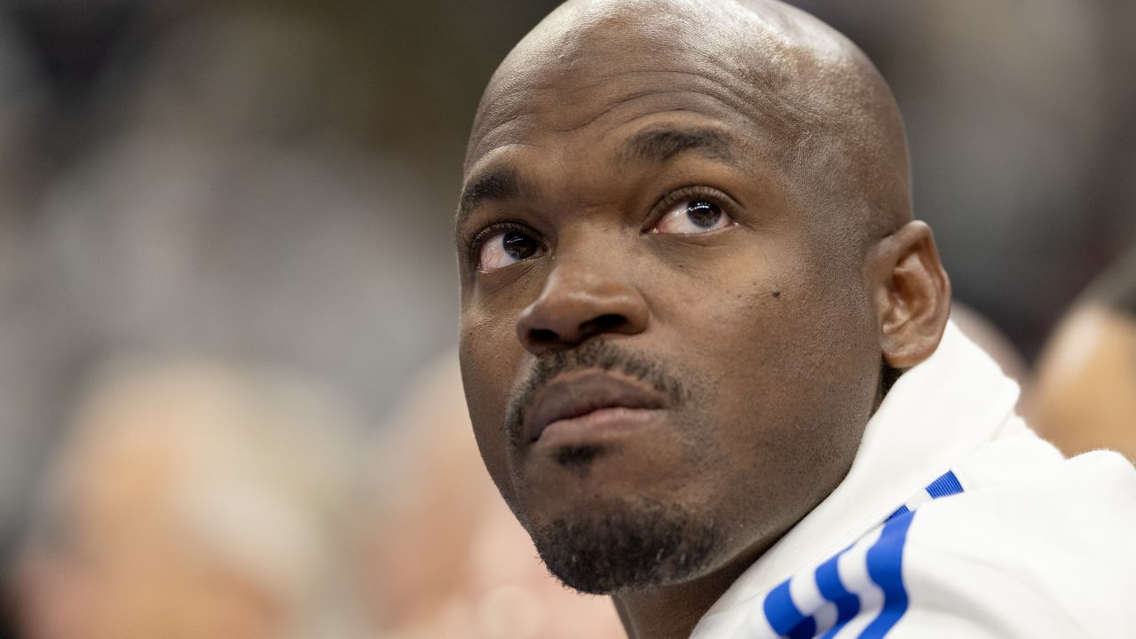 Former Minnesota Vikings running back Adrian Peterson at an NBA playoff game in Minneapolis last year.
