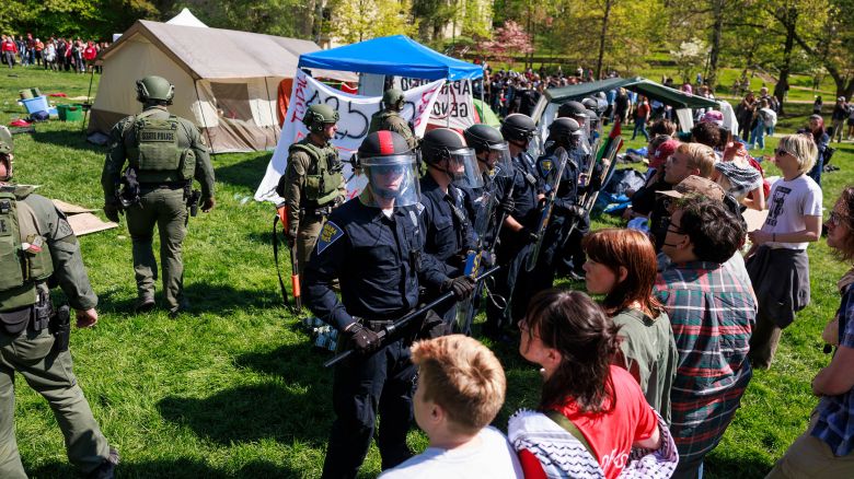 Indiana State Police confront pro-Palestinian protesters at Indiana University in Bloomington on April 25.