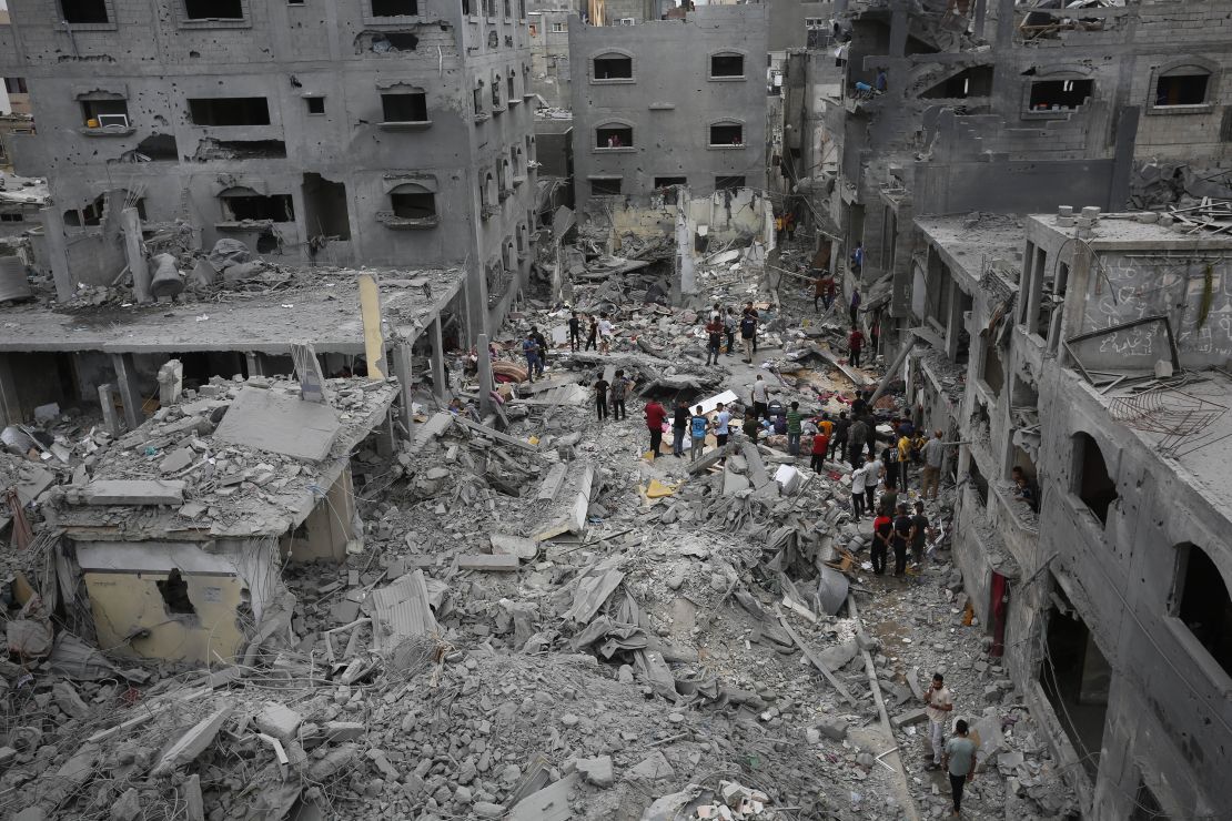 An aerial view of destruction after the Israeli attack on Nuseirat Refugee Camp in Deir Al Balah, Gaza on April 27. 