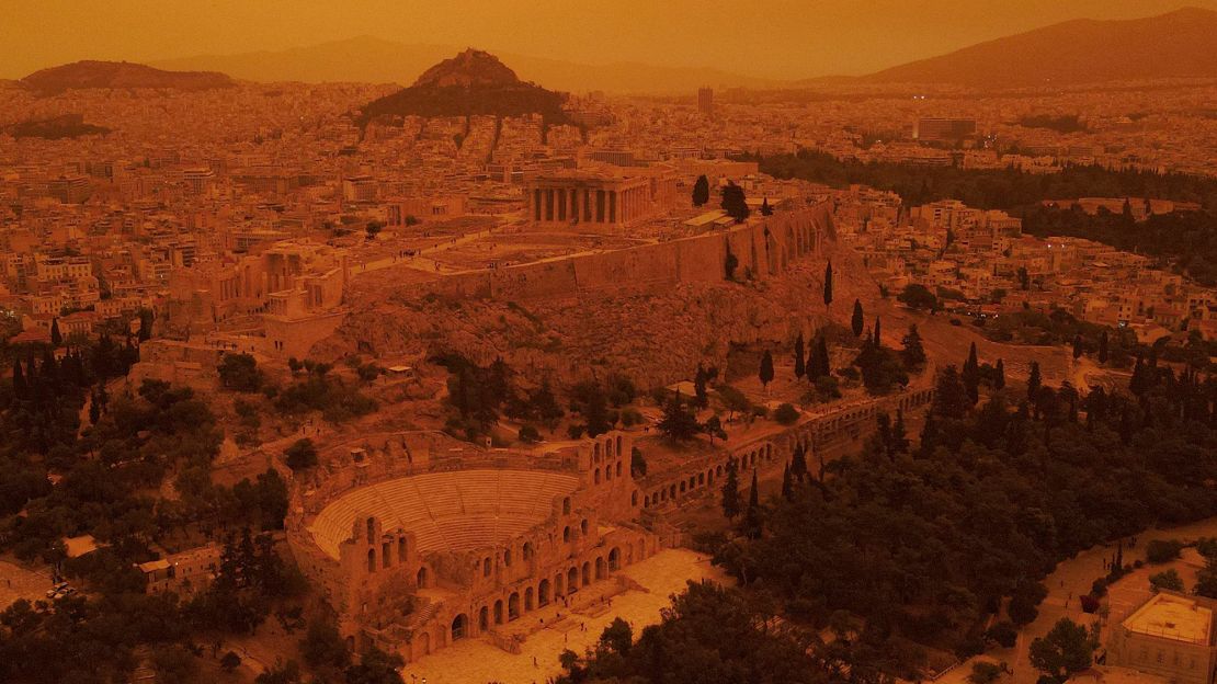 A dust cloud from the Sahara Desert in Africa covers the Acropolis on April 23, 2024 in Athens.